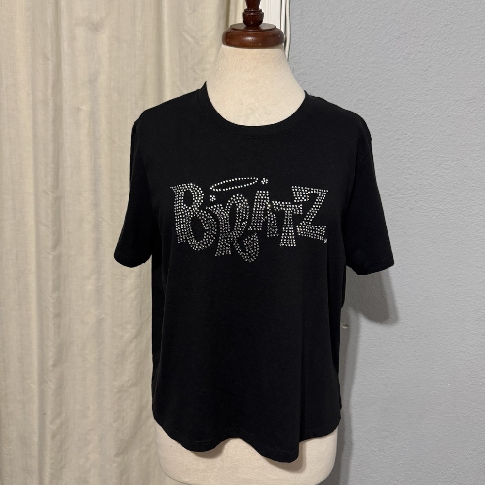 Bratz Women Black Silver‎ Rhinestone Bling Spell Out Retro Y2K Style Top XL